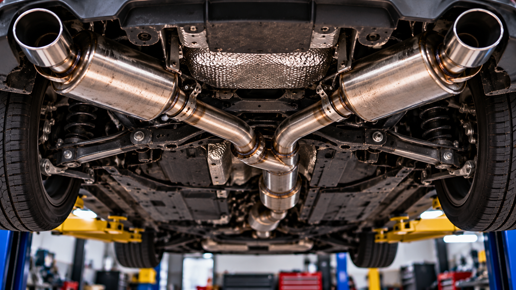 Exhaust piping and repair areas being inspected at 7 Auto Care